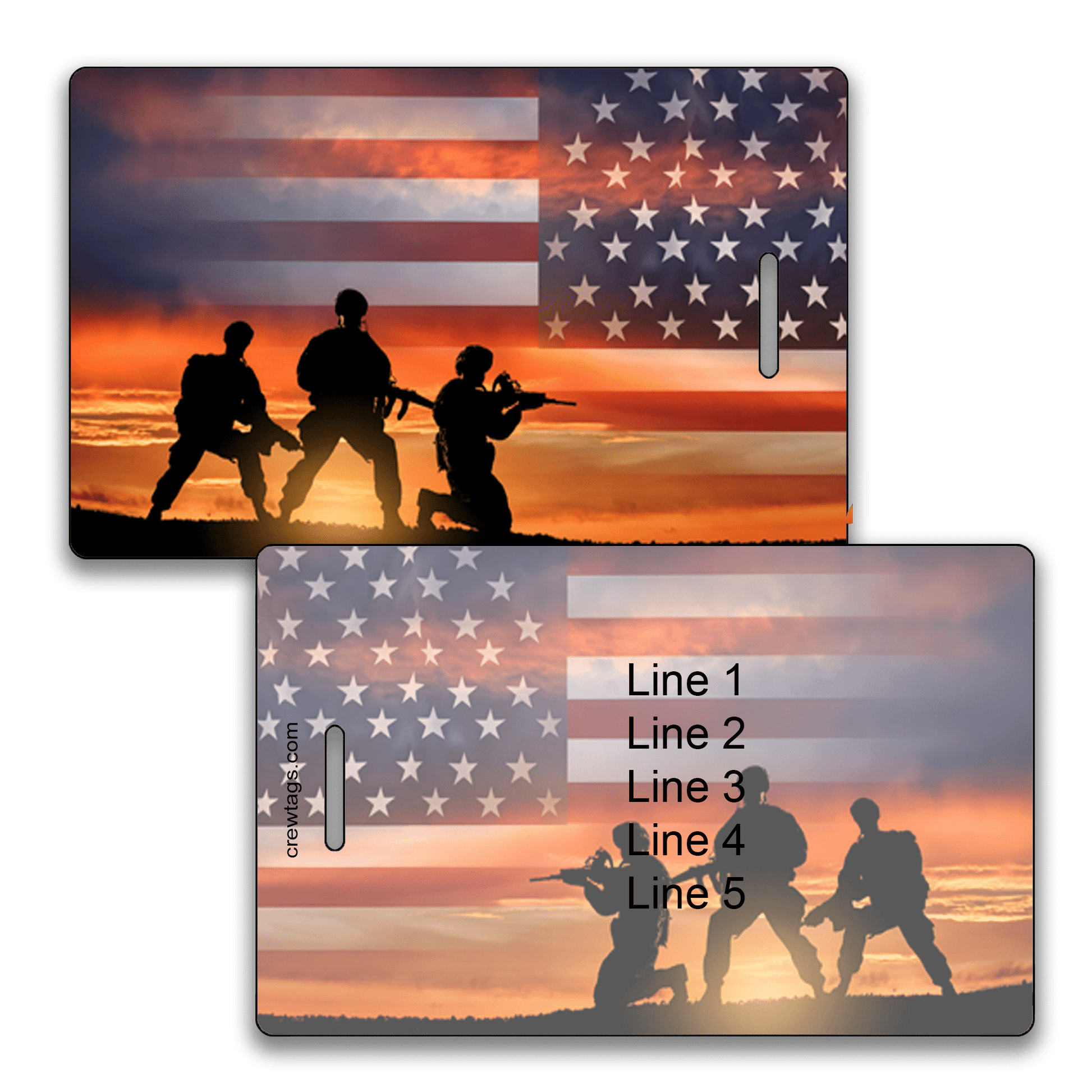American flag and soldier silhouette luggage tag with sunset background – personalized military ID tag