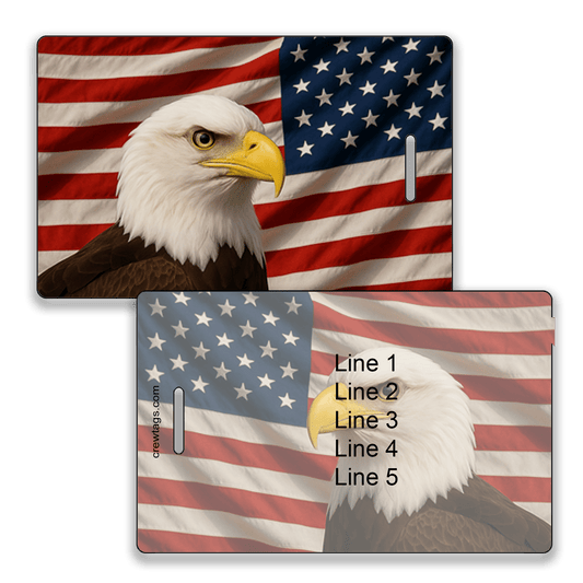 Bald eagle luggage tag with American flag background and customizable contact info section