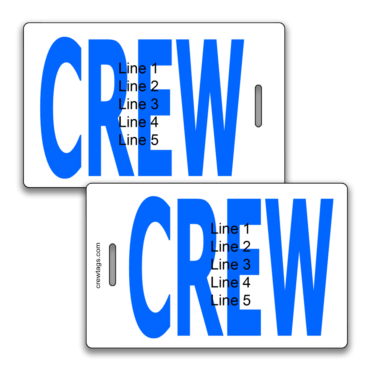 Custom blue bold CREW luggage tags with 5-line personalization for airline crew and travel bags