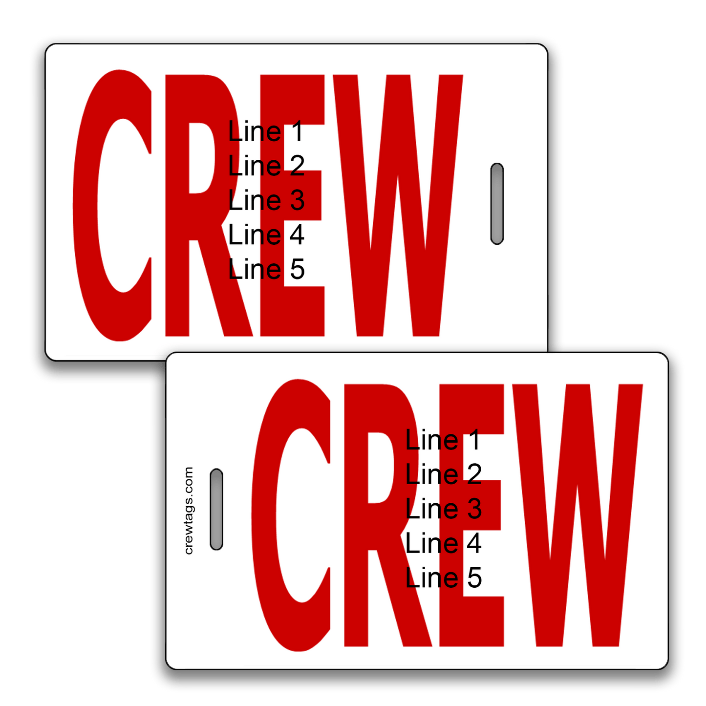 Custom red bold CREW luggage tags with 5-line personalization for airline crew and travel bags