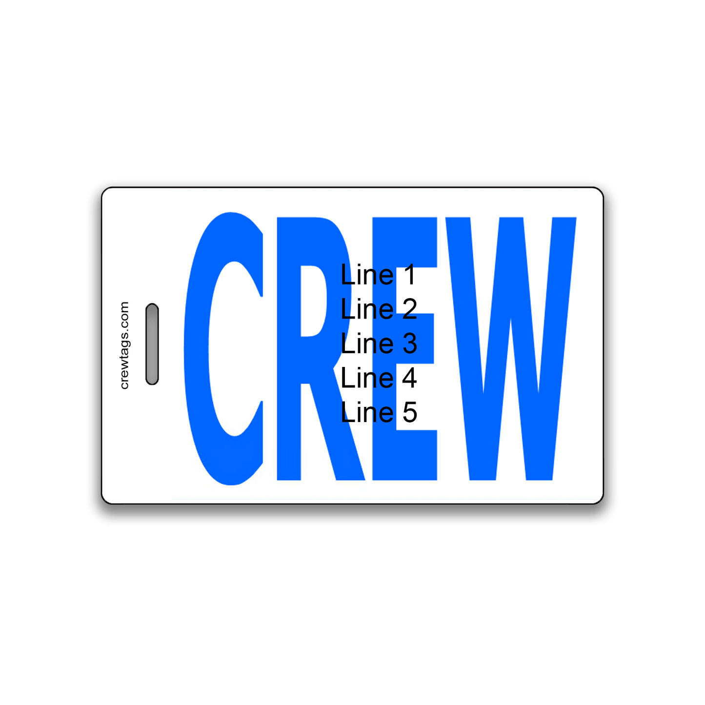 Custom blue bold CREW luggage tag with 5-line personalization for airline crew and travel bags
