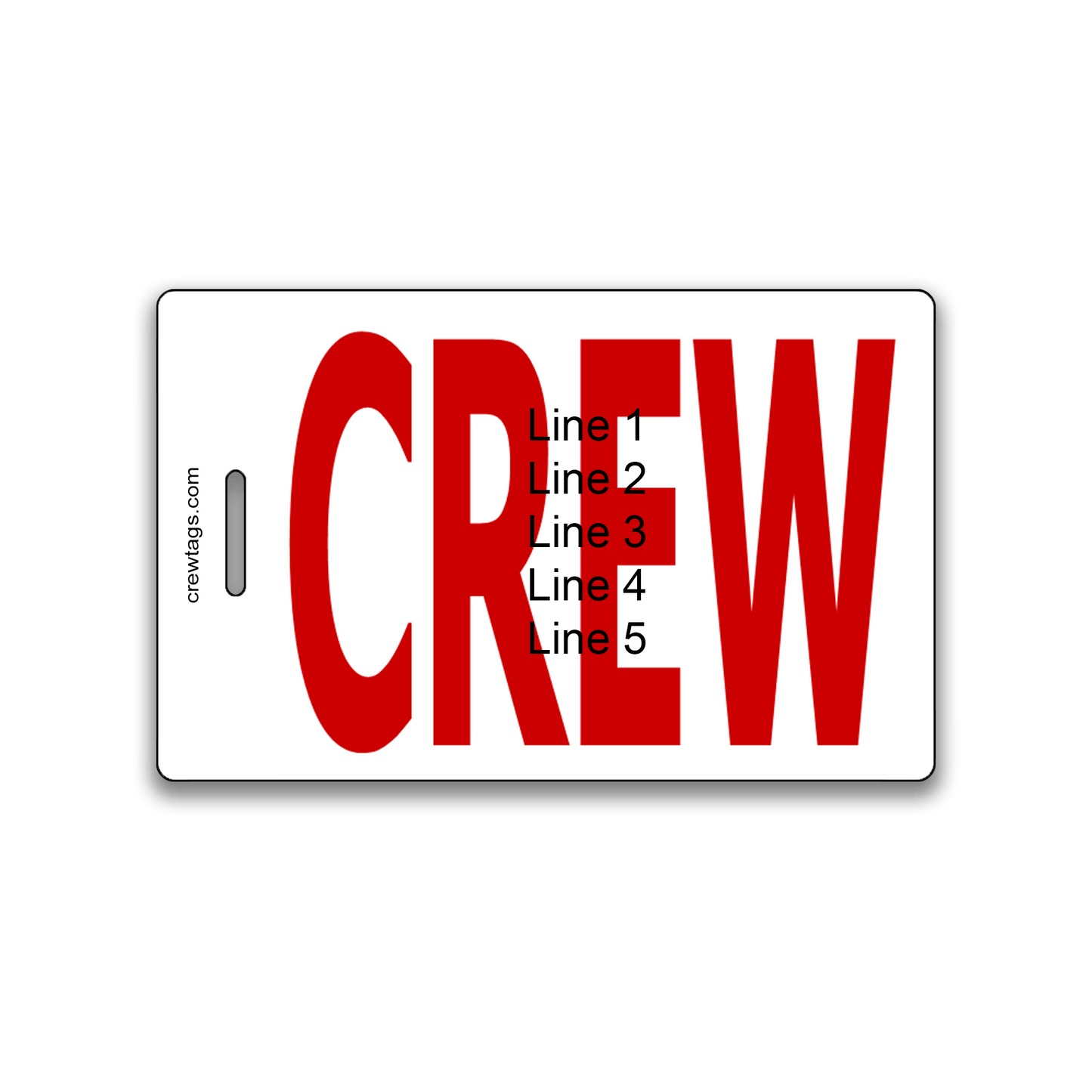 Custom red bold CREW luggage tag with 5-line personalization for airline crew and travel bags