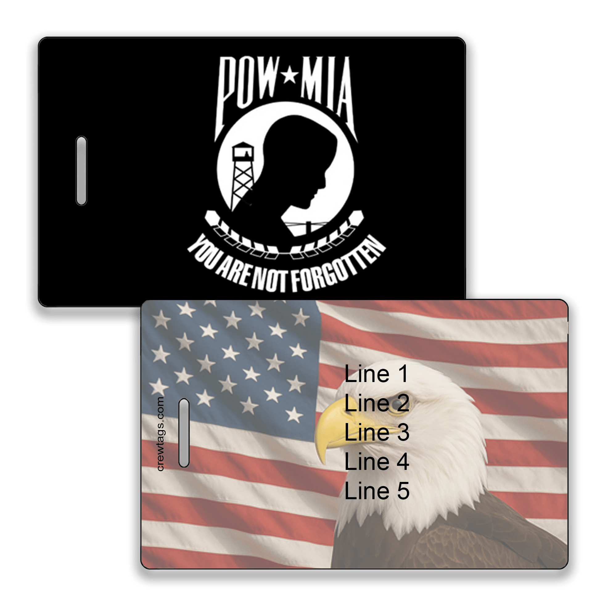 POW MIA luggage tag with eagle & flag, 'You Are Not Forgotten' emblem, custom info—patriotic travel gear for veterans.