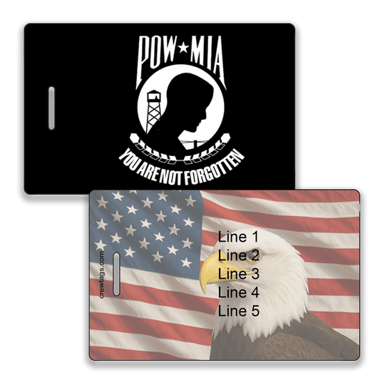 POW MIA luggage tag with eagle & flag, 'You Are Not Forgotten' emblem, custom info—patriotic travel gear for veterans.