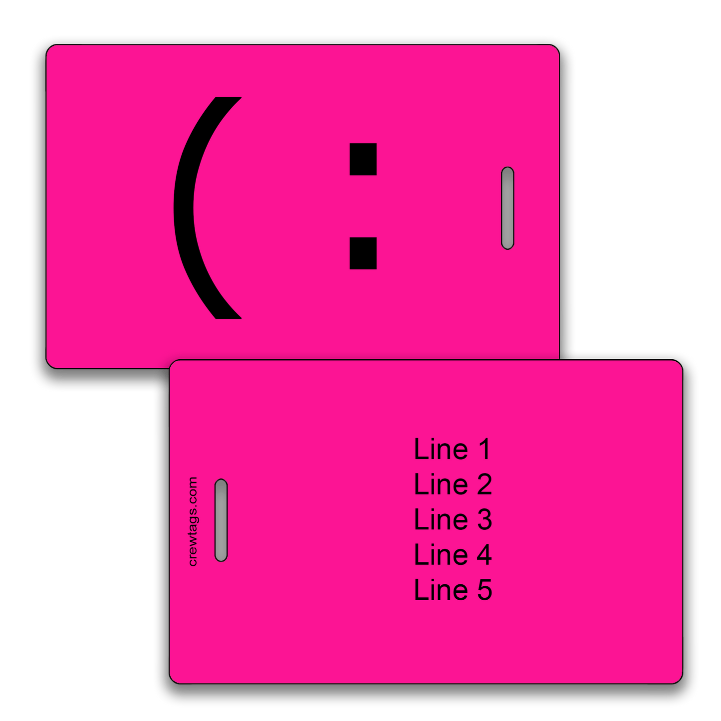 Make your bag stand out! Custom neon pink smiley luggage tags built to last.
