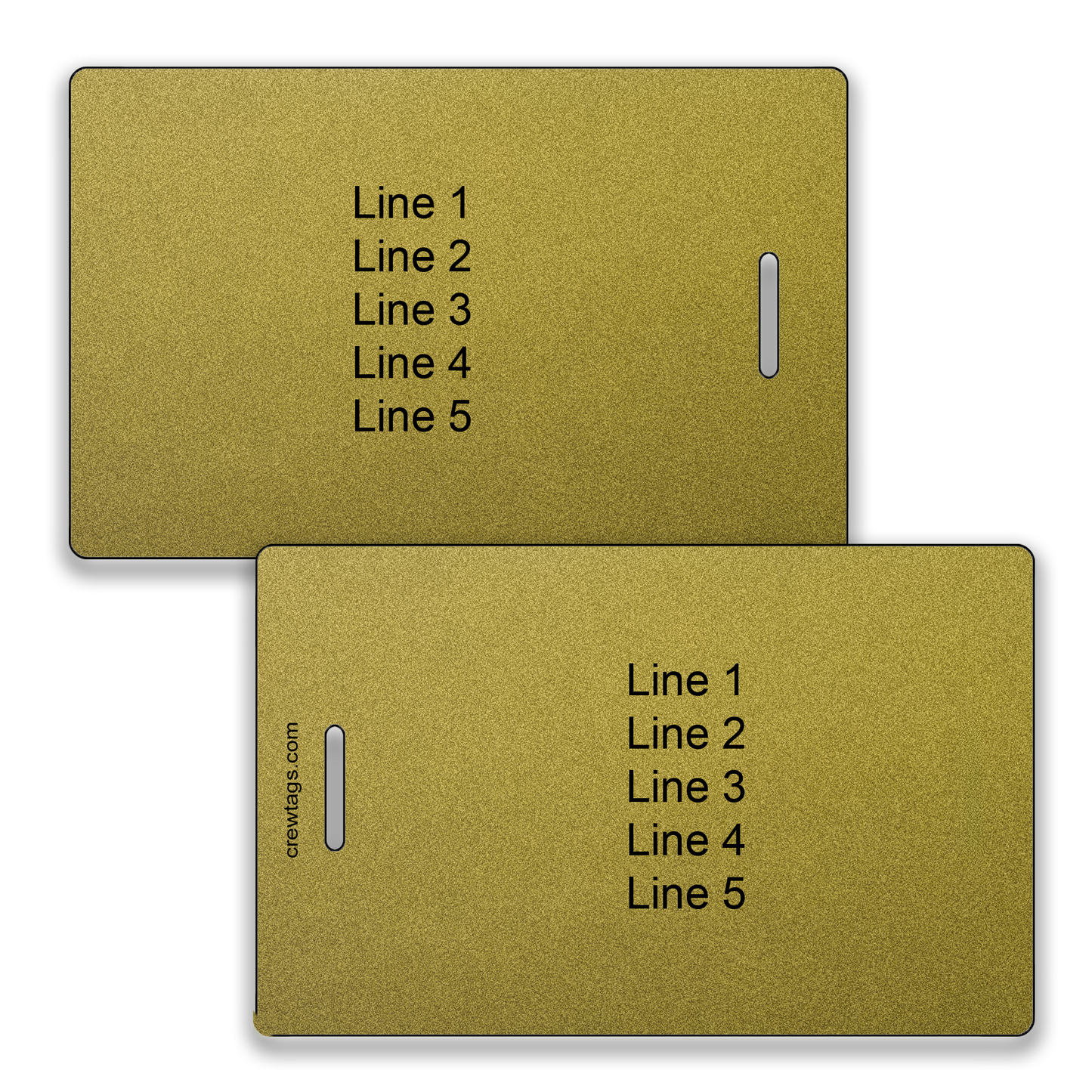 Two metallic gold luggage tags with black text for personalization showing placeholder lines labeled "Line 1" to "Line 5" and a vertical slot on each for attachment.