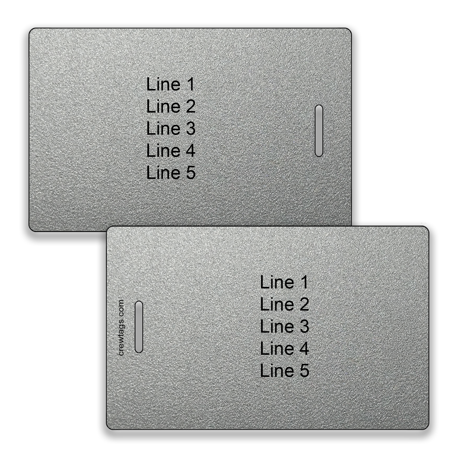 Two metallic silver luggage tags with black text for personalization showing placeholder lines labeled "Line 1" to "Line 5" and a vertical slot on each for attachment.
