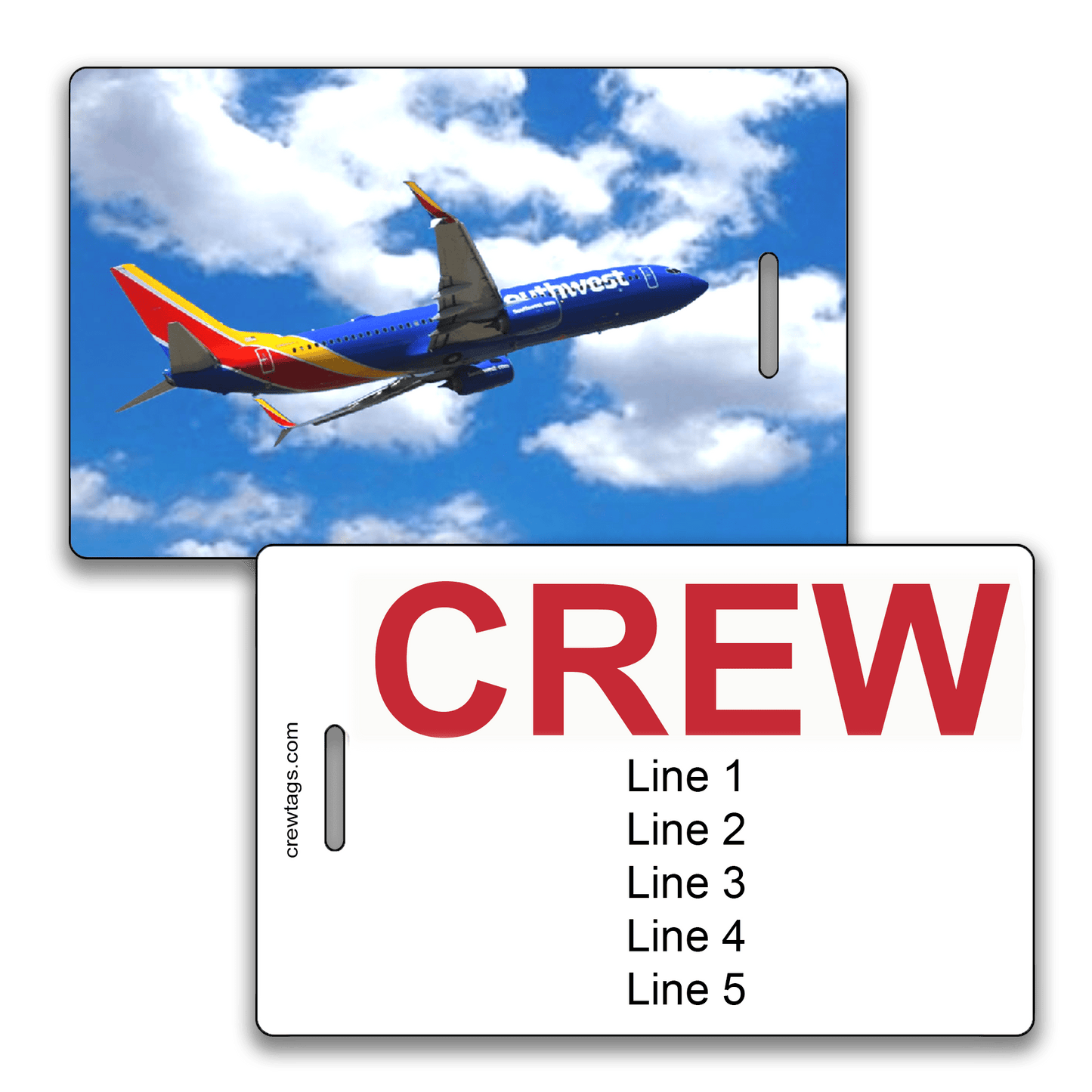 Custom crew tag featuring a Southwest 737 in flight against a blue sky with clouds, and bold red "CREW" text with editable fields.