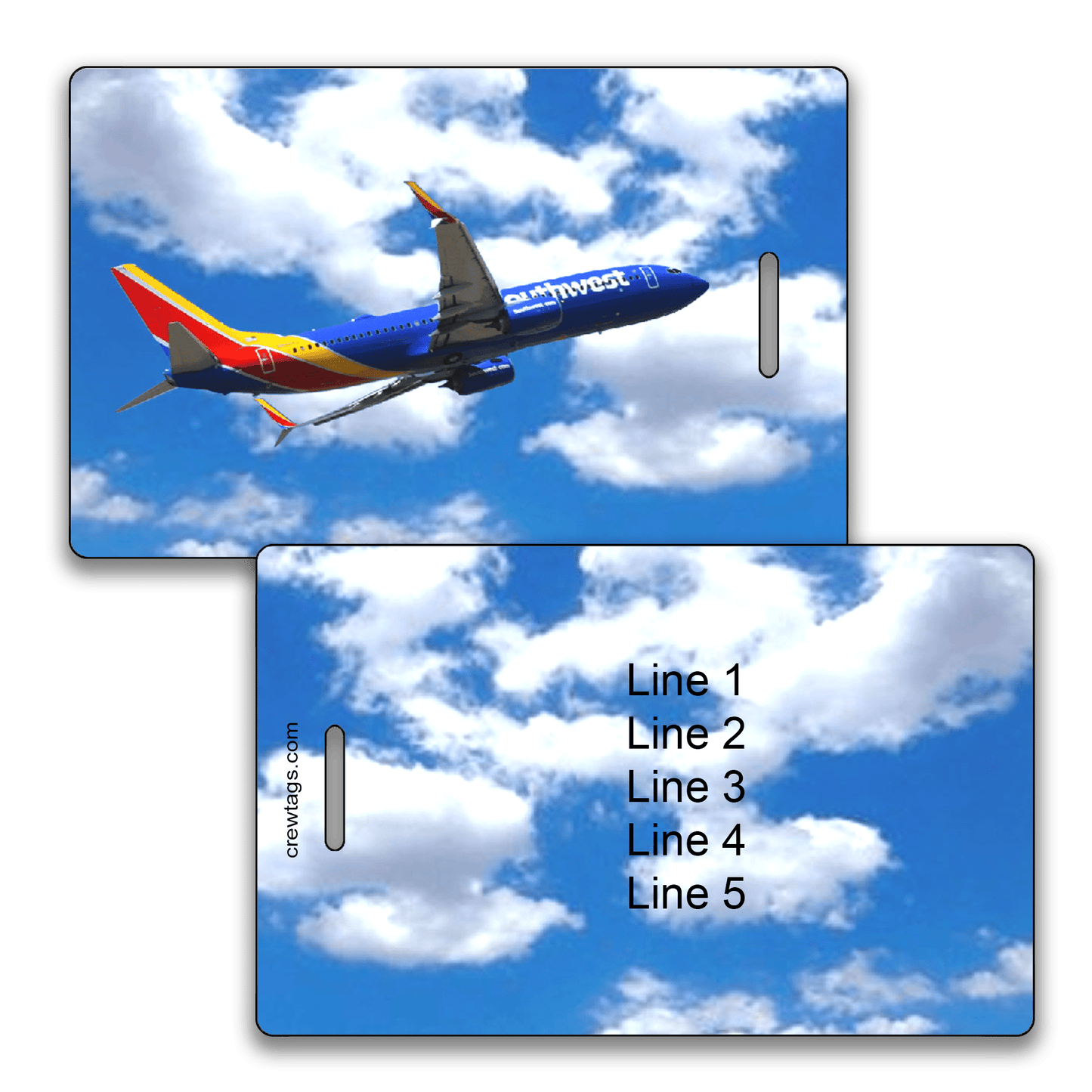 Southwest 737 banking across blue sky and clouds on custom luggage tag; back features five editable info lines.
