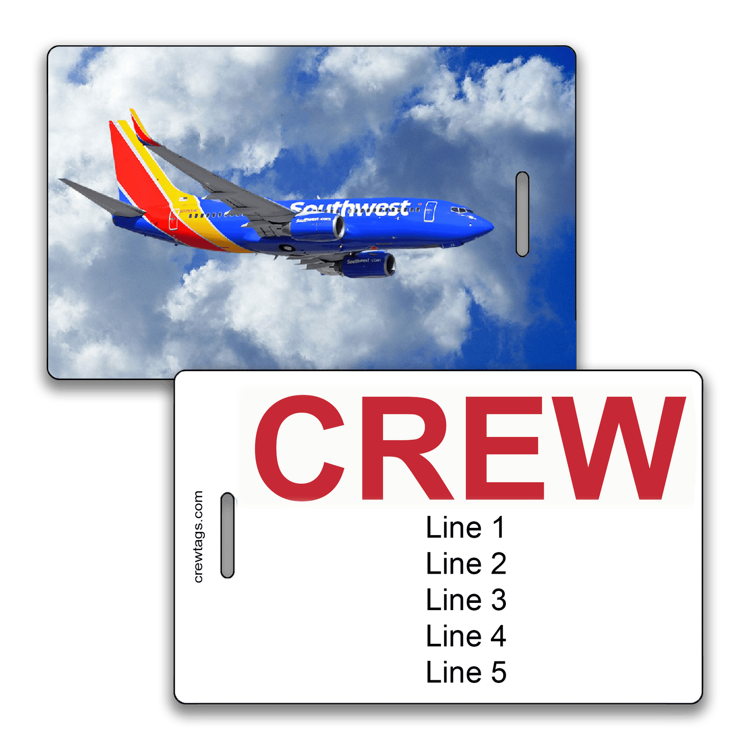 Custom airline crew tag featuring a Southwest 737 in flight on one side and bold red "CREW" text with editable lines on the other.