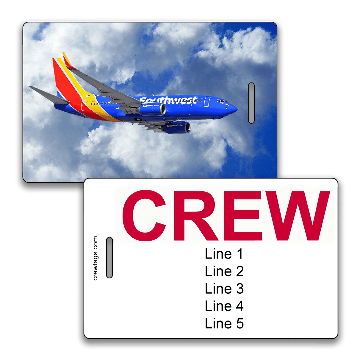 Custom airline crew tag featuring a Southwest 737 in flight on one side and bold red "CREW" text with editable lines on the other.