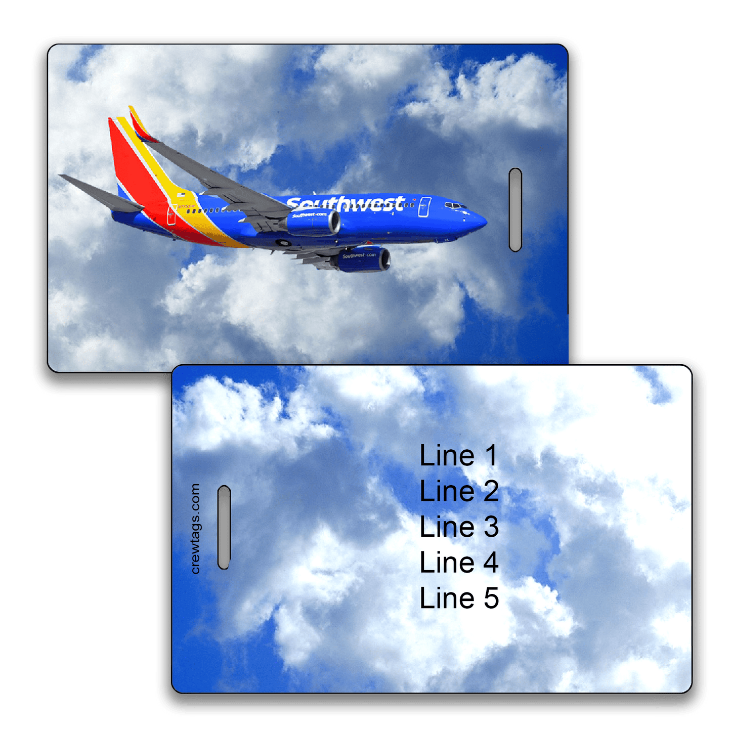 Southwest 737 in flight against bright blue sky and white clouds on luggage tag; back offers five customizable info lines.