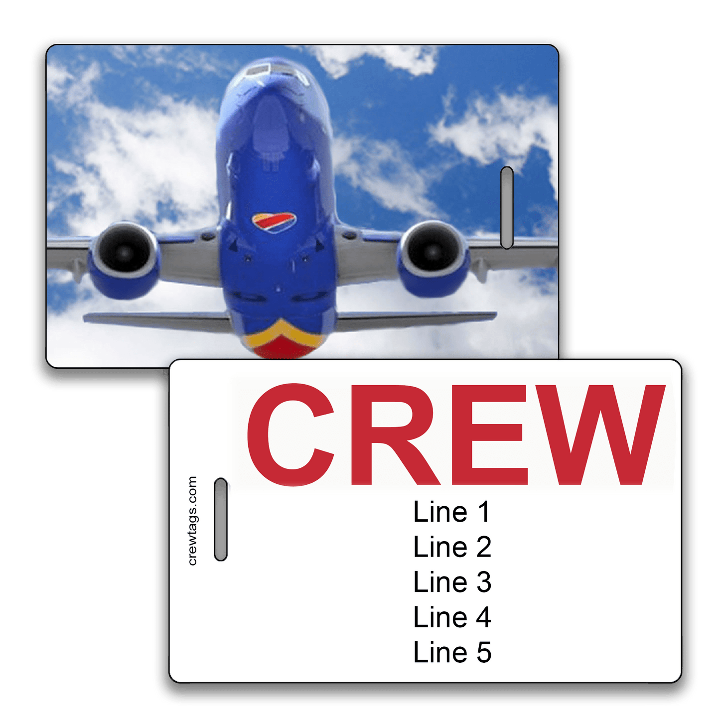 Custom crew tag showing front view of a Southwest 737 in flight, with bold red "CREW" text and editable info lines on the back.
