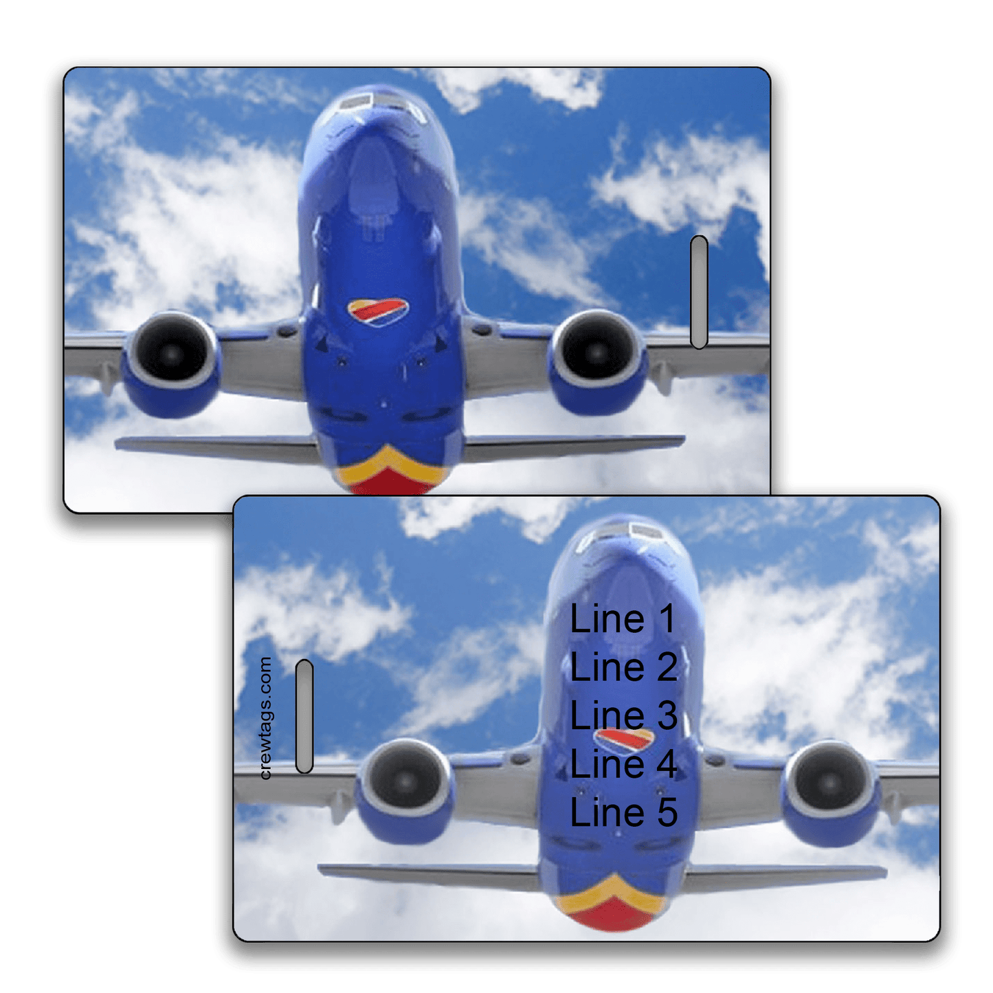 Underside head-on view Southwest 737 against bright blue cloud sky on luggage tag; back shows five customizable info lines.