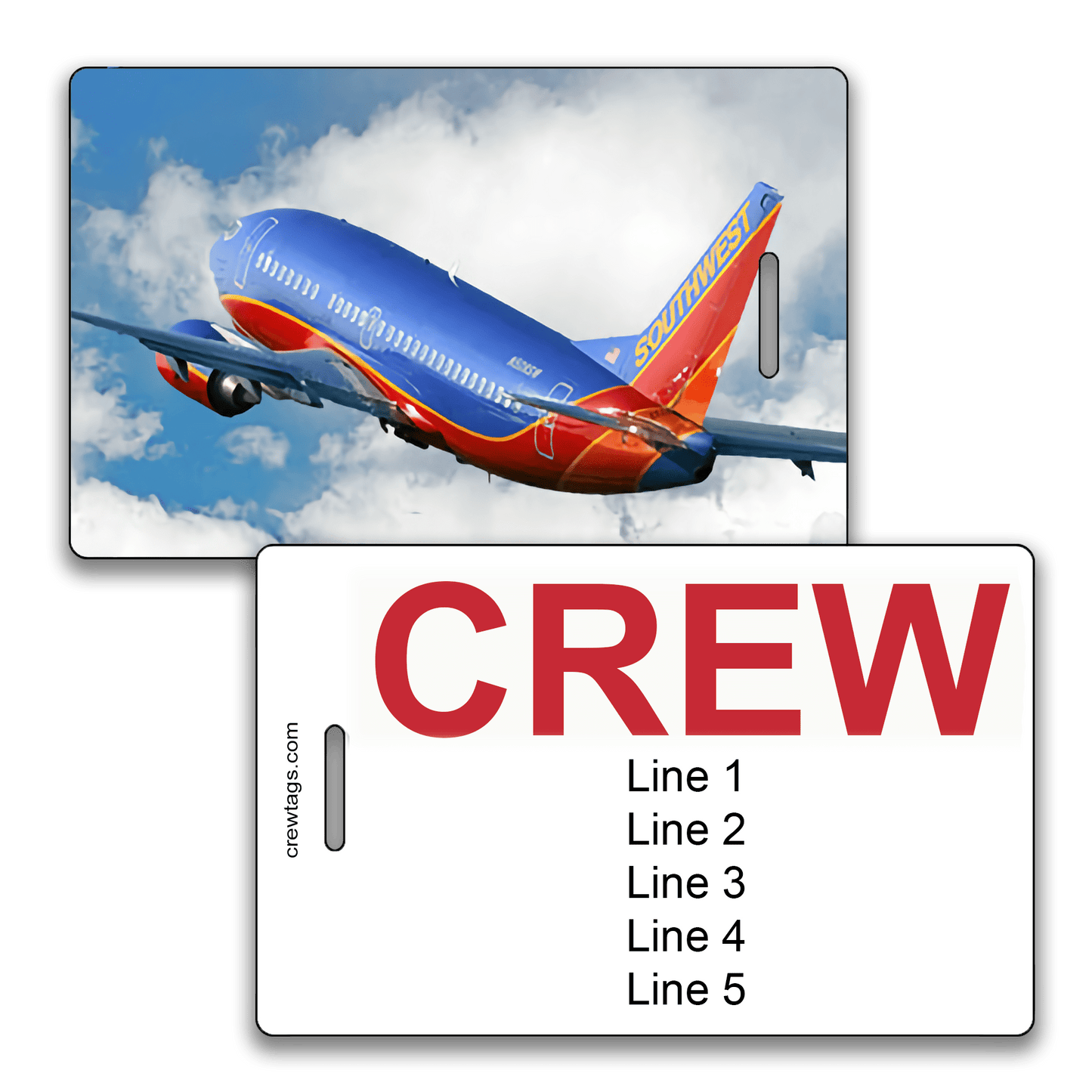 Custom crew tag showing rear view of a Southwest 737 climbing through clouds, with bold red "CREW" label and five editable lines.