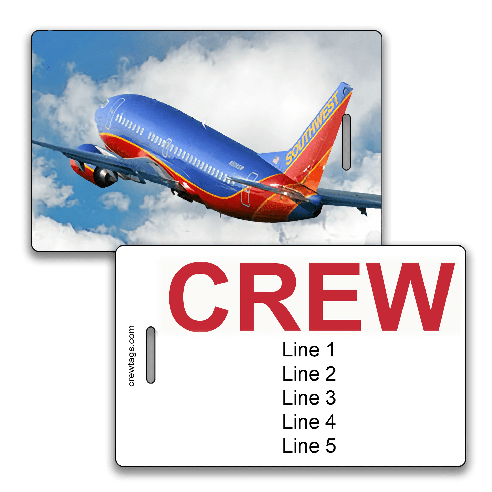 Custom crew tag showing rear view of a Southwest 737 climbing through clouds, with bold red "CREW" label and five editable lines.