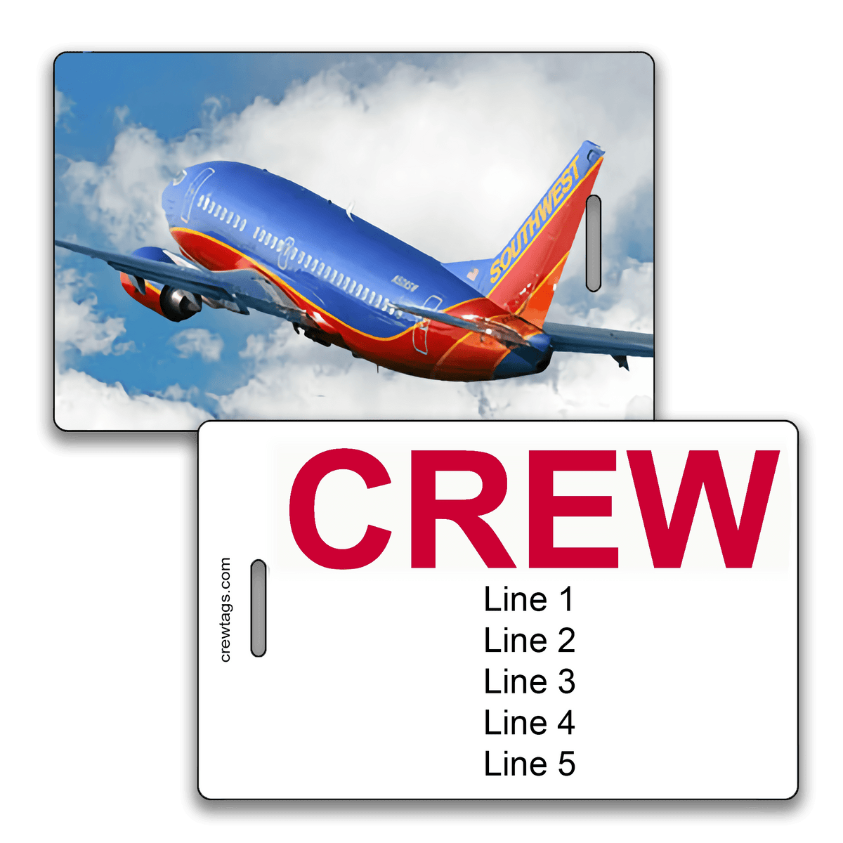 Custom crew tag showing rear view of a Southwest 737 climbing through clouds, with bold red "CREW" label and five editable lines.