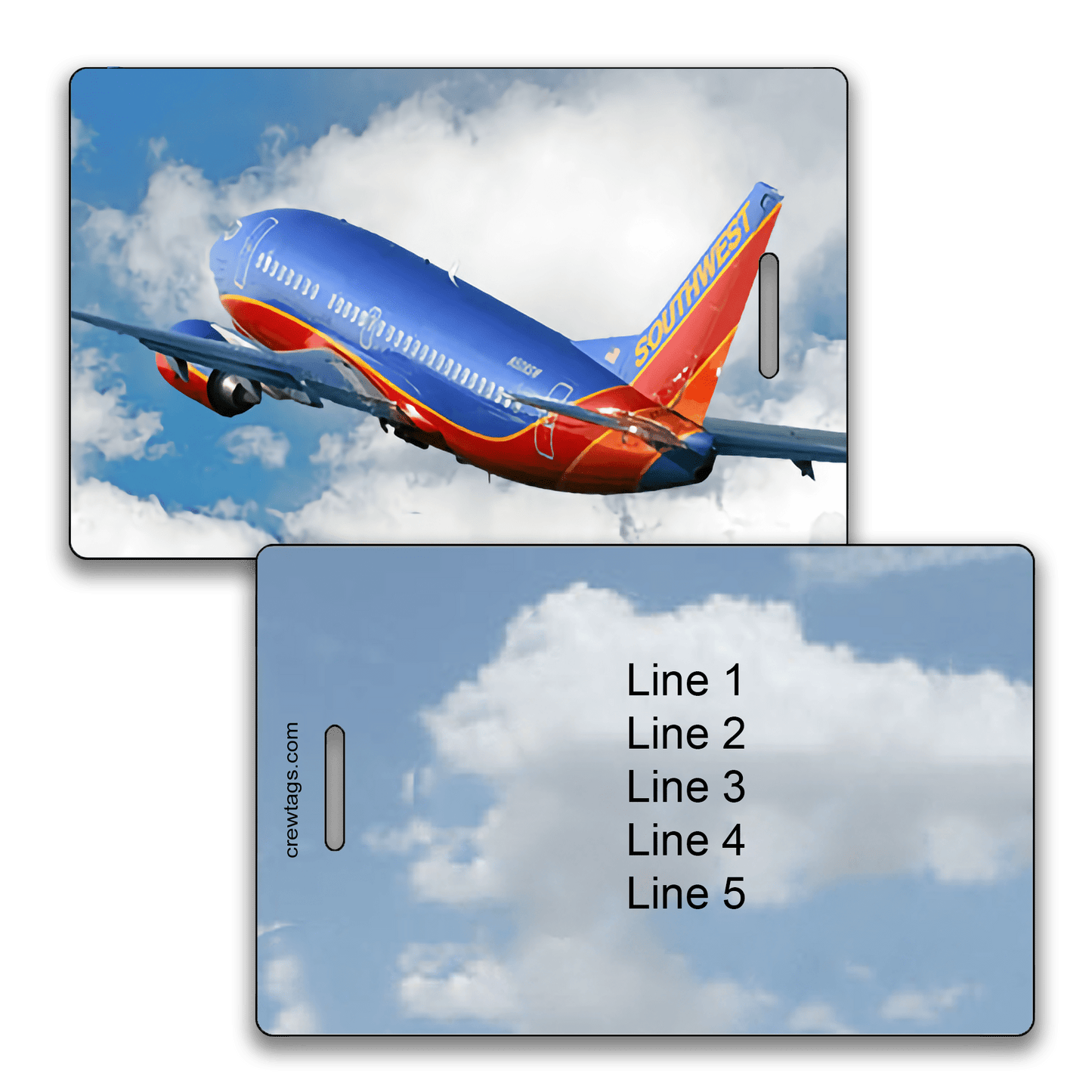 Southwest 737 climbing through white clouds on luggage tag; reverse shows five customizable information lines.