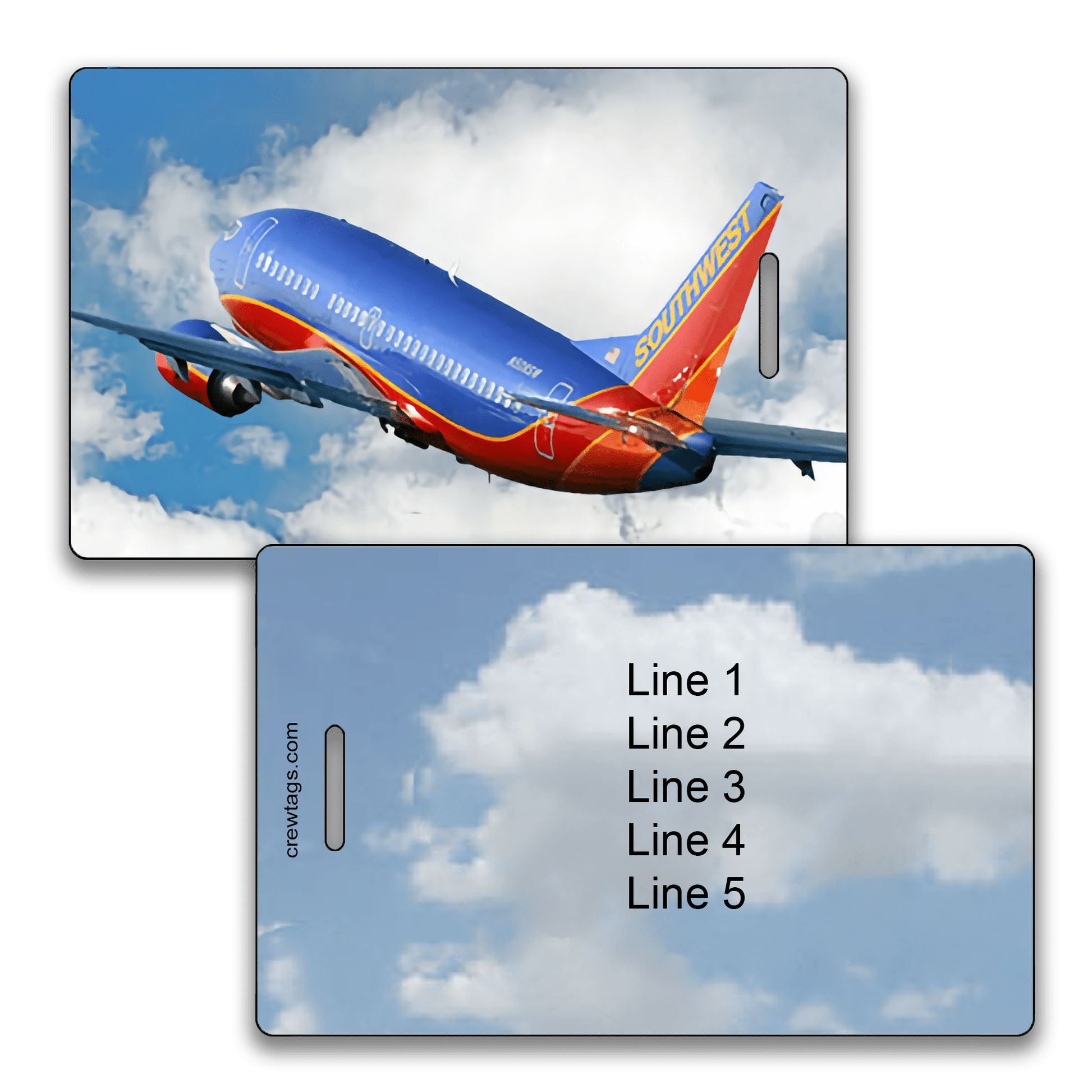 Southwest 737 climbing through white clouds on luggage tag; reverse shows five customizable information lines.