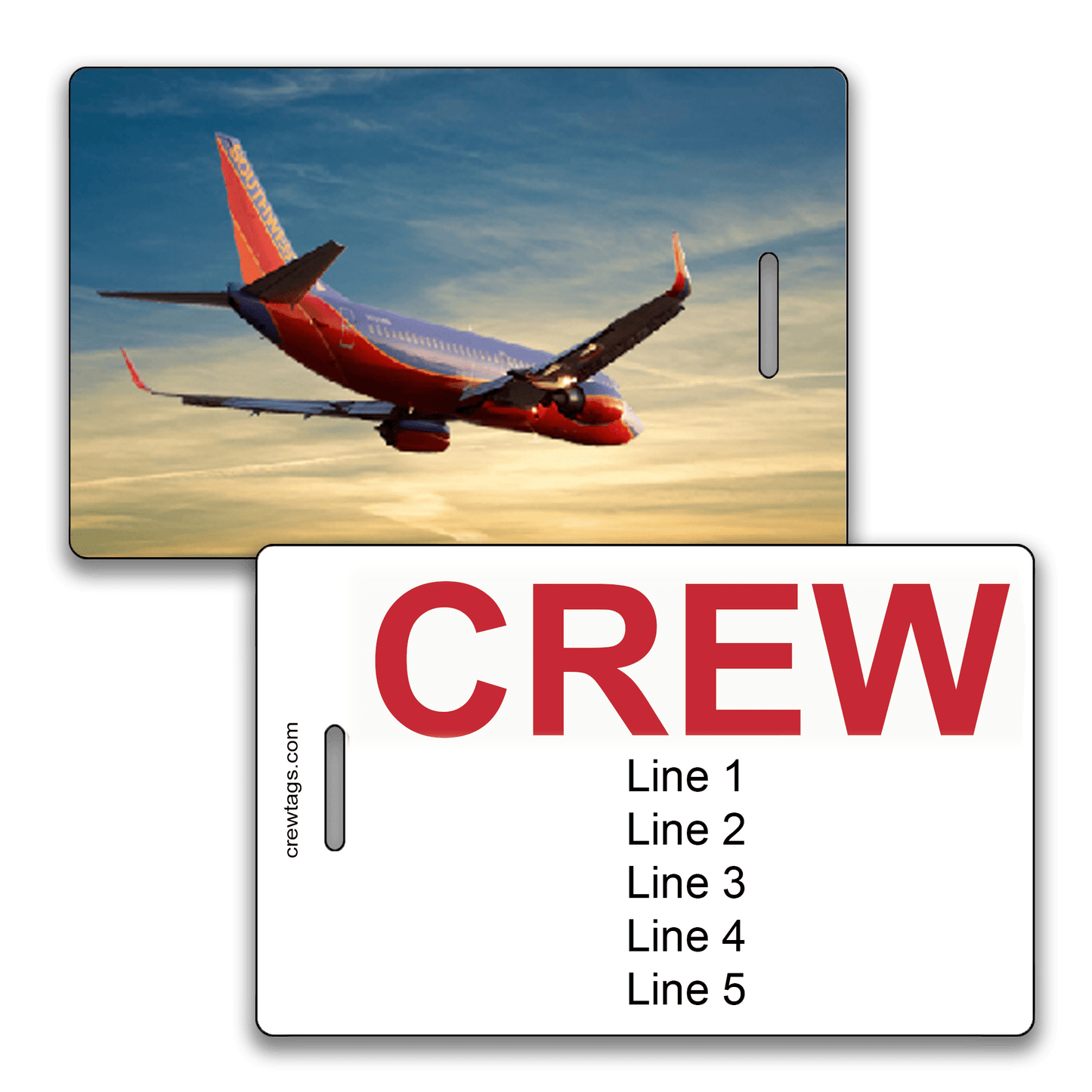 Custom crew tag featuring a Southwest 737 climbing at sunset, with bold red “CREW” label and five customizable information lines.