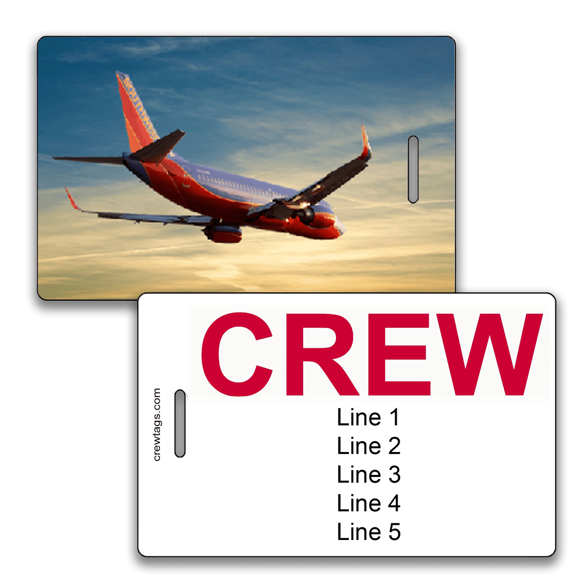 Custom crew tag featuring a Southwest 737 climbing at sunset, with bold red โCREWโ label and five customizable information lines.