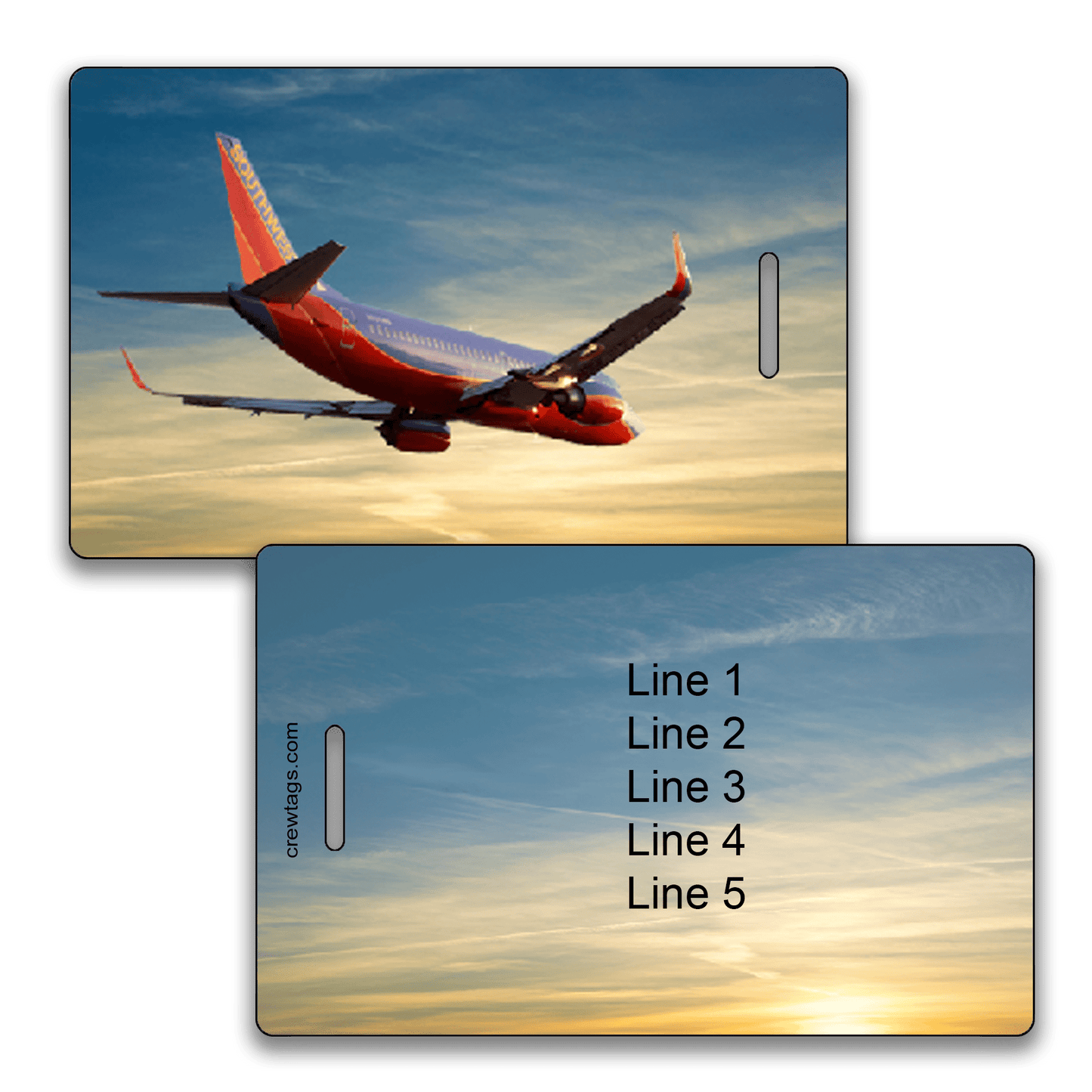 Southwest 737 over golden sunset sky on luggage tag; reverse shows five customizable info lines.