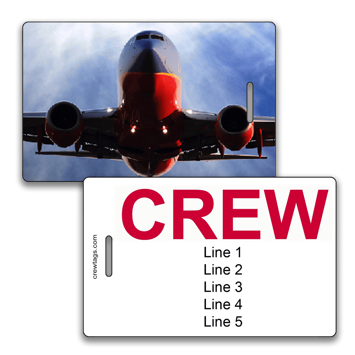 Southwest Airlines crew tag with bold red โCREWโ text and head-on 737 image.