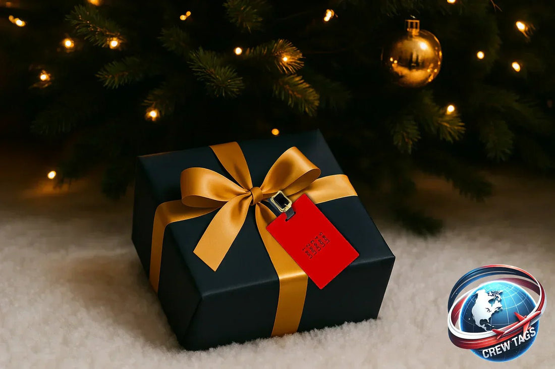 Luxury holiday gift box with gold ribbon and red luggage tag under a lit Christmas tree, featuring the Crew Tags logo on soft white carpet.