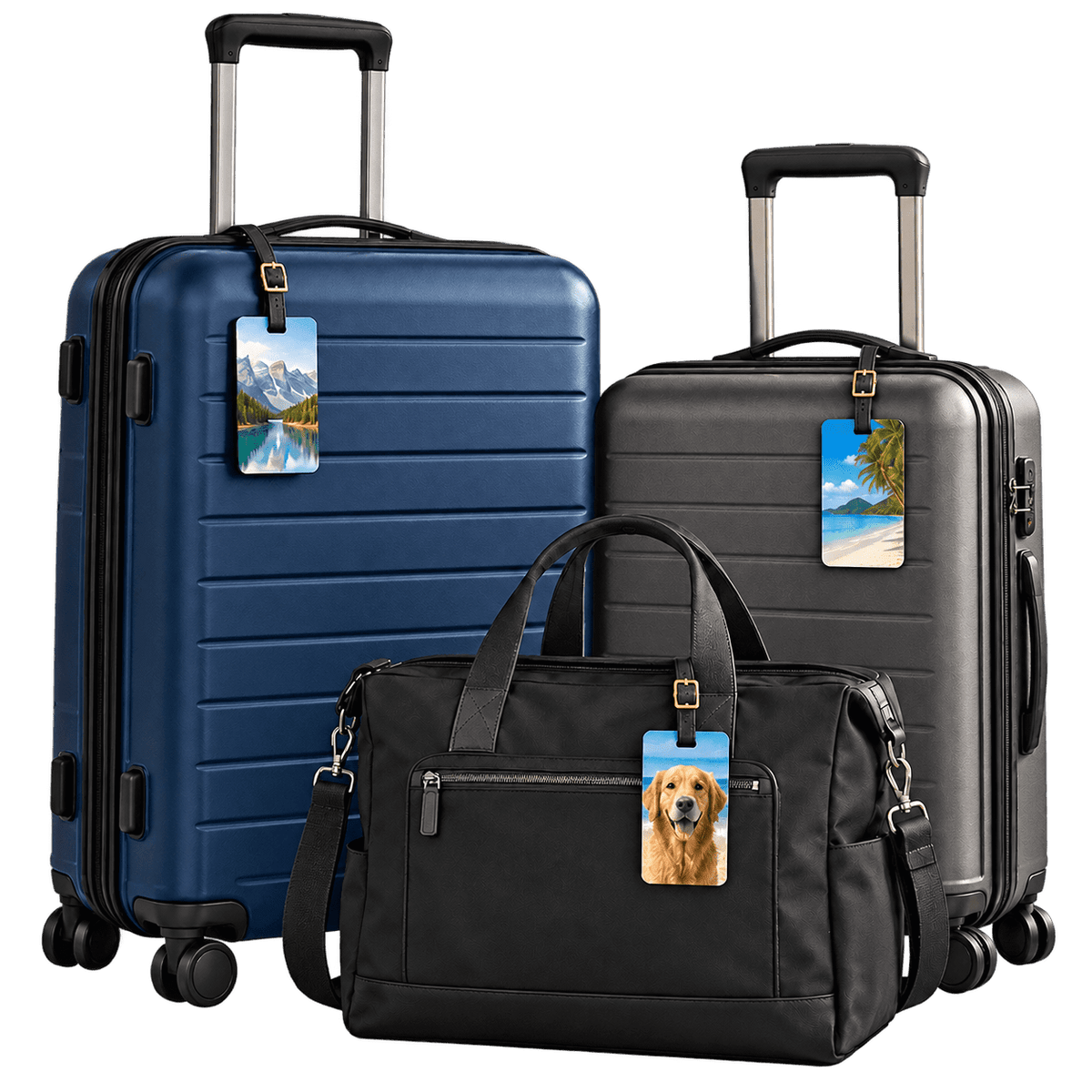 Navy and charcoal rolling suitcases with a black travel bag with custom photo luggage tags in an airport terminal.
