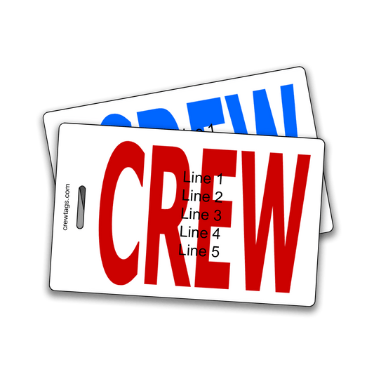 Custom red and blue bold CREW luggage tags with 5-line personalization for pilots, flight attendants, and airline crew