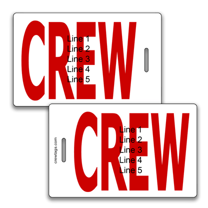 Custom red bold CREW luggage tags with 5-line personalization for airline crew and travel bags