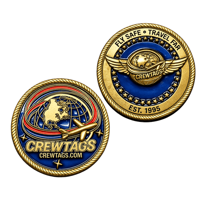 Crew Tags Founder’s aviation challenge coin with antique brass finish and blue enamel front and back