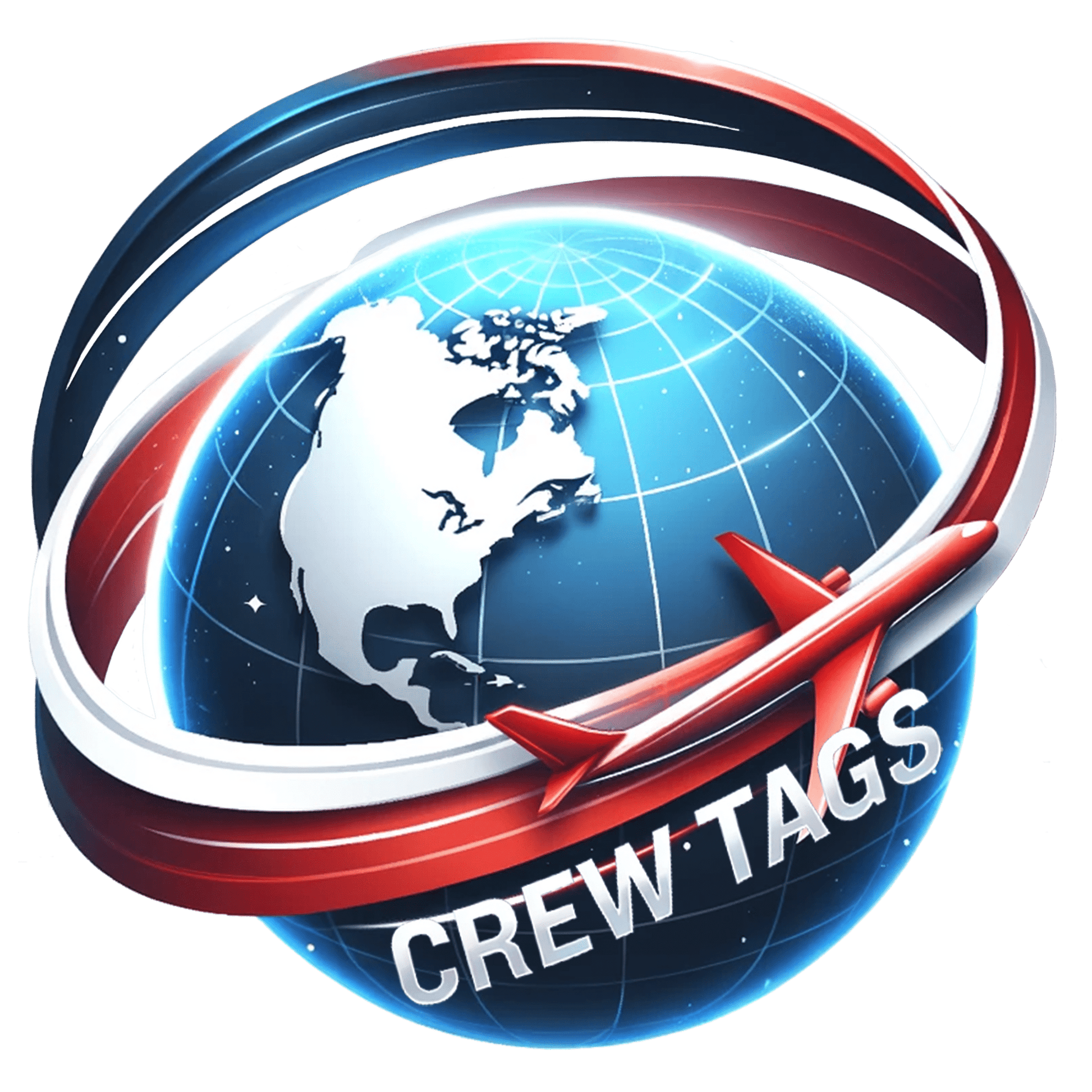 CREW TAGS logo featuring a stylized globe with North America in white, wrapped by red, white, and blue swooshes with a red airplane circling the globe.