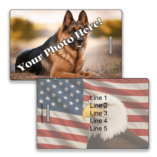 Custom photo luggage tag with American flag and eagle design, personalized with up to 5 lines of contact info