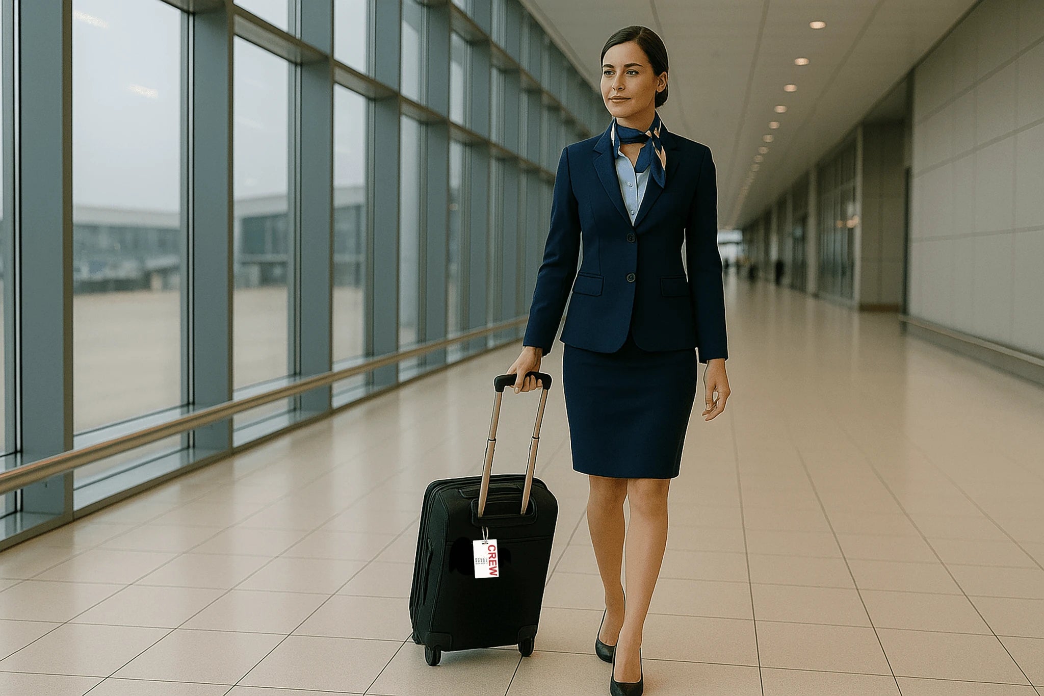 Flight attendant rolling luggage with CrewTags® personalized crew tag at airport