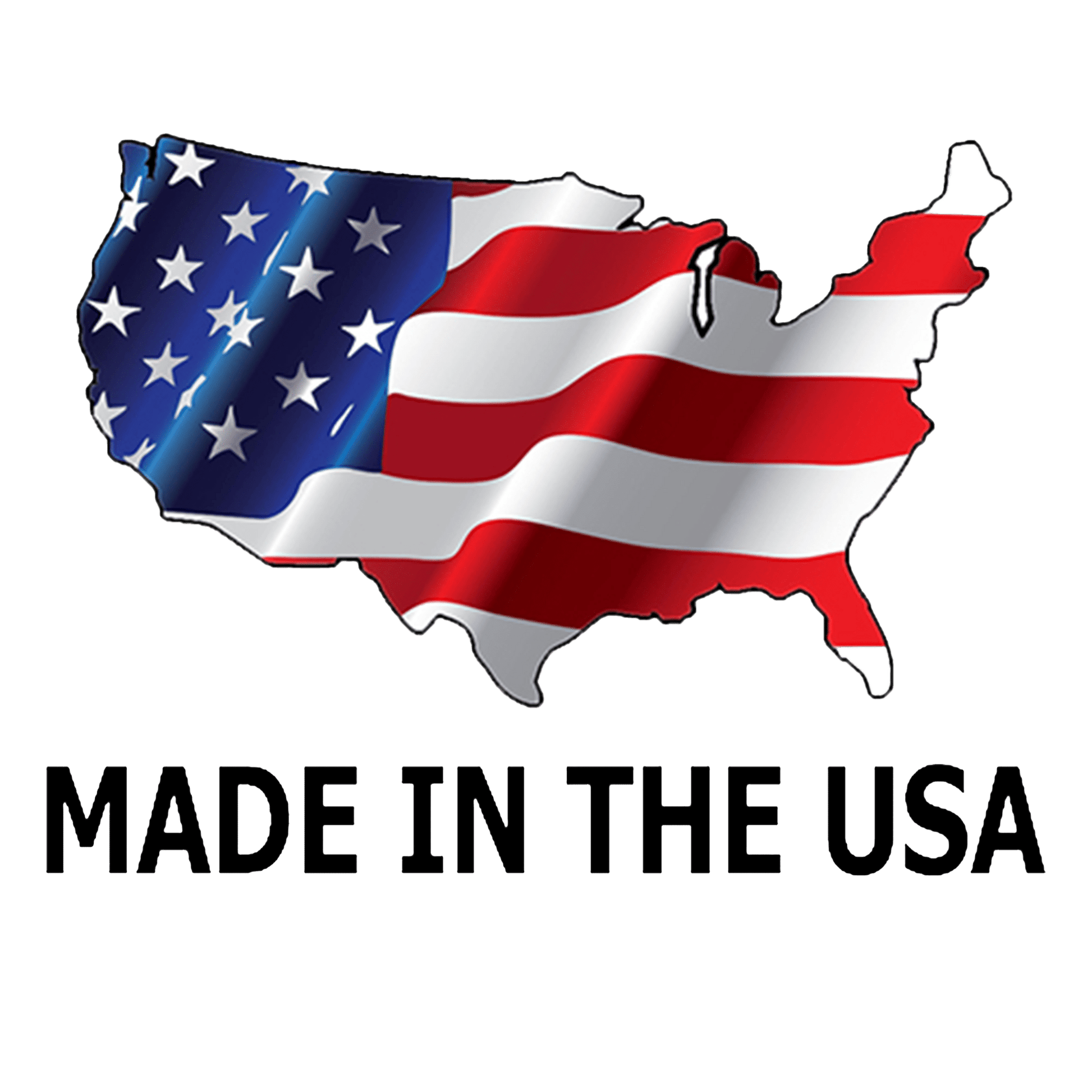 Map of the United States filled with an American flag design, with the text "MADE IN THE USA" below it.