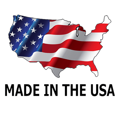 Map of the United States filled with an American flag design, with the text "MADE IN THE USA" below it.