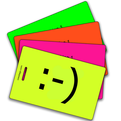 Fun neon emoticon bag tags that keep your luggage secure, stylish, and easy to find.
