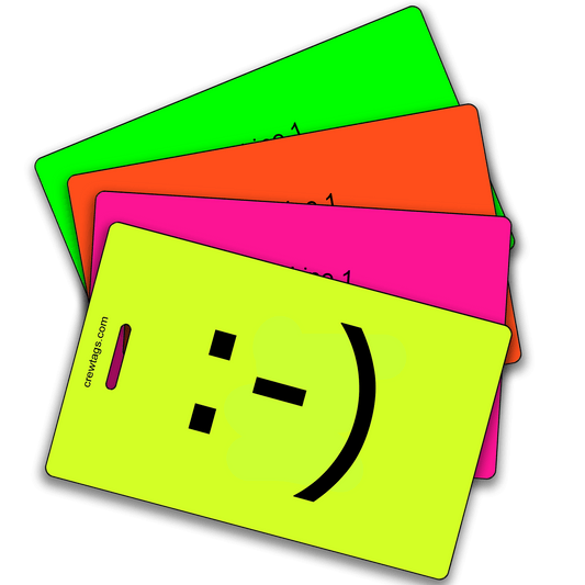 Fun neon emoticon bag tags that keep your luggage secure, stylish, and easy to find.