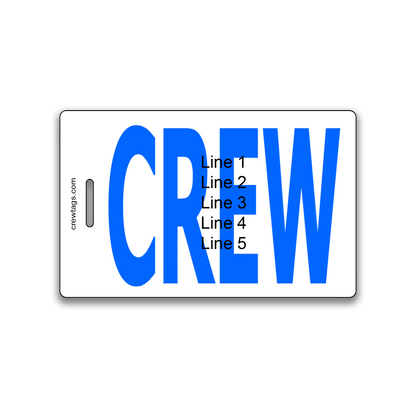 Custom blue bold CREW luggage tag with 5-line personalization for airline crew and travel bags