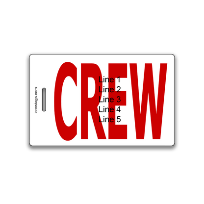 Custom red bold CREW luggage tag with 5-line personalization for airline crew and travel bags