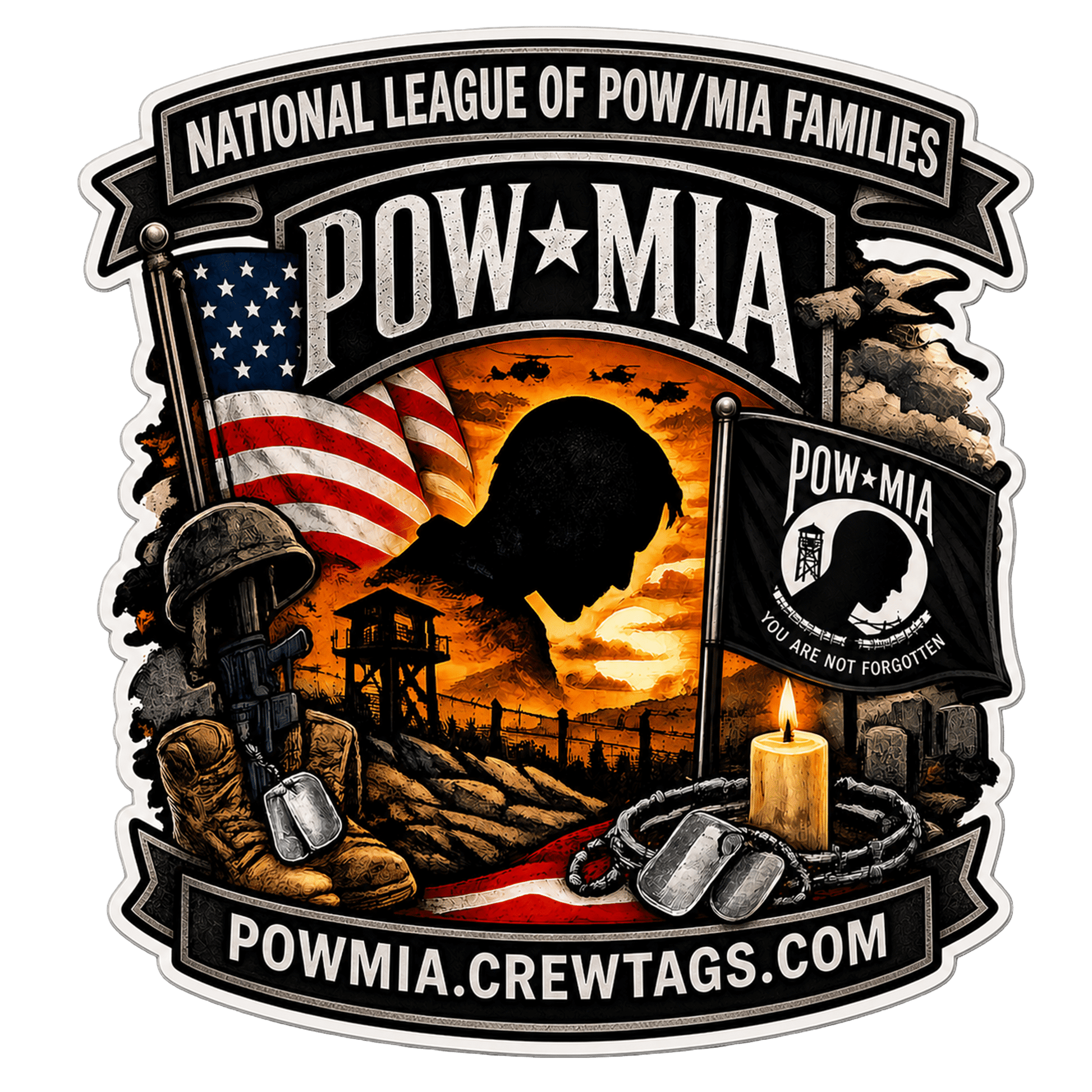 POW/MIA commemorative sticker featuring American flag, memorial candle, dog tags, battlefield silhouette, and National League of POW/MIA Families tribute by Crew Tags®.