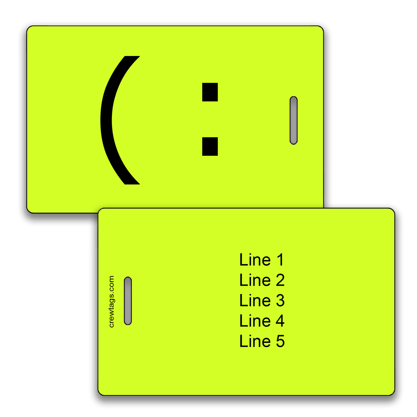 Make your bag stand out! Custom neon yellow smiley luggage tags built to last.