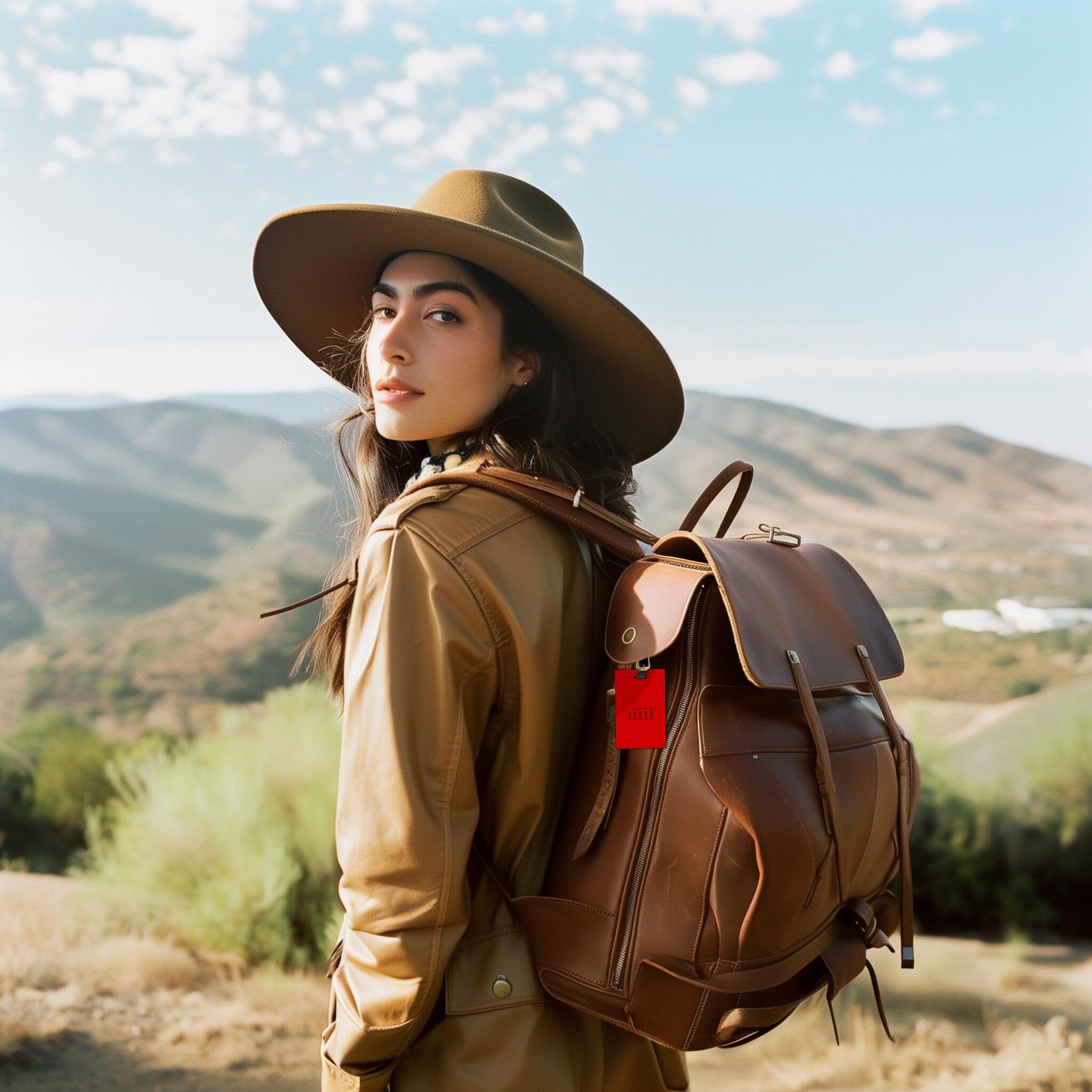 Stylish woman wearing a wide-brim hat and tan jacket with a brown leather backpack featuring red luggage tags in a mountain landscape.