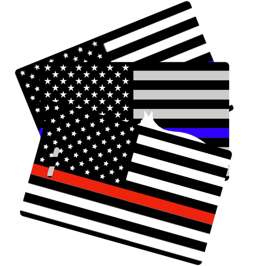 Personalized Thin red and blue line American flag with police, fire, and K9 silhouettes luggage tag