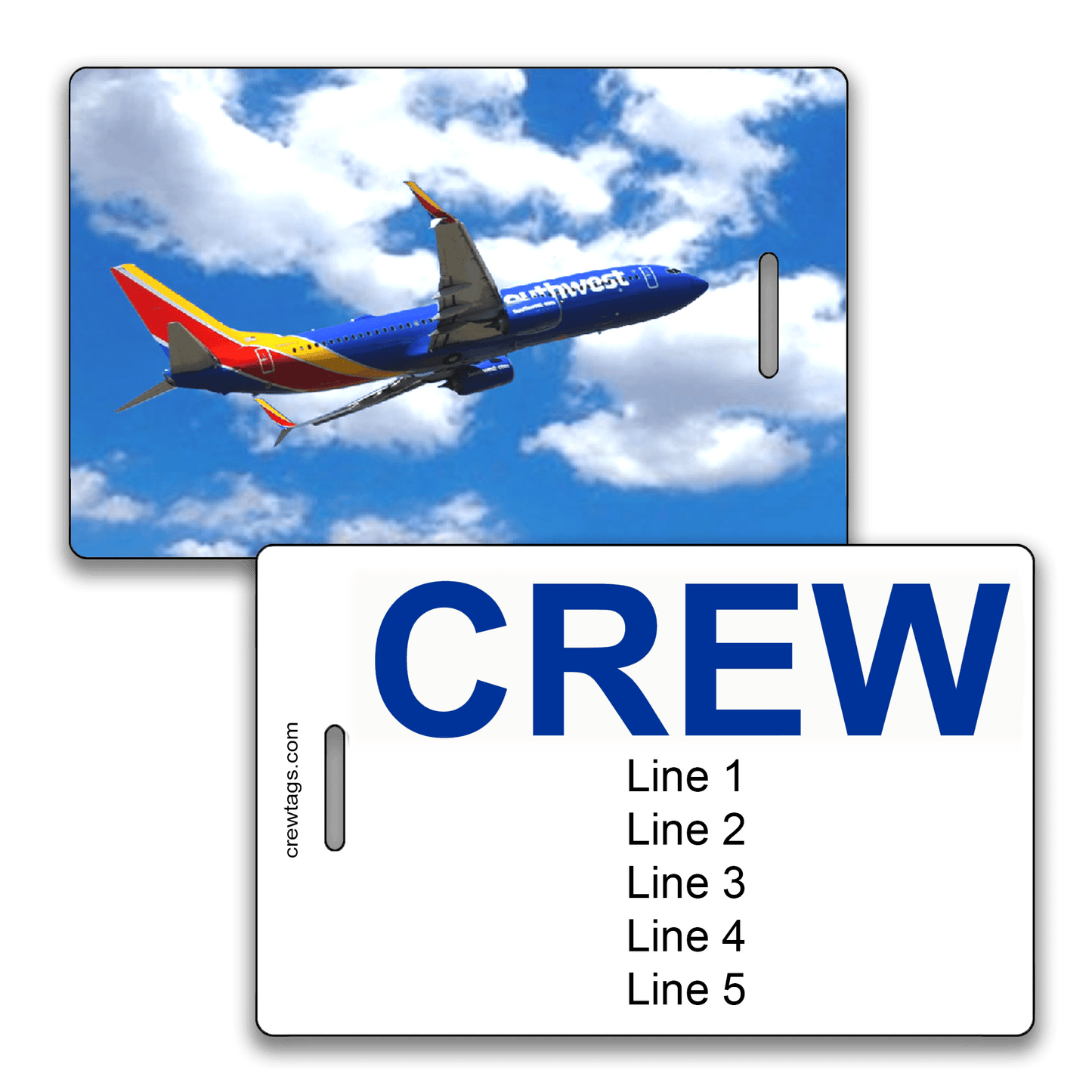 Custom crew tag featuring a Southwest 737 in flight against a blue sky with clouds, and bold blue "CREW" text with editable fields.