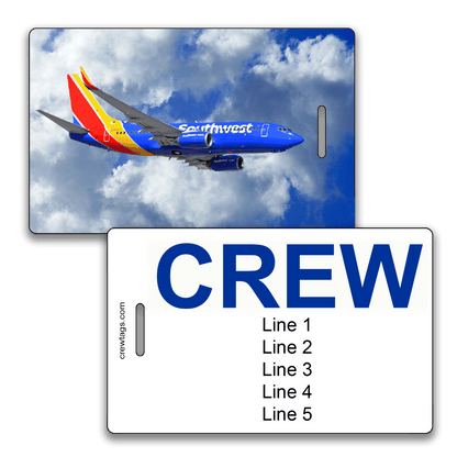 Custom airline crew tag featuring a Southwest 737 in flight on one side and bold blue "CREW" text with editable lines on the other.