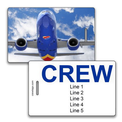 Custom crew tag showing front view of a Southwest 737 in flight, with bold blue "CREW" text and editable info lines on the back.