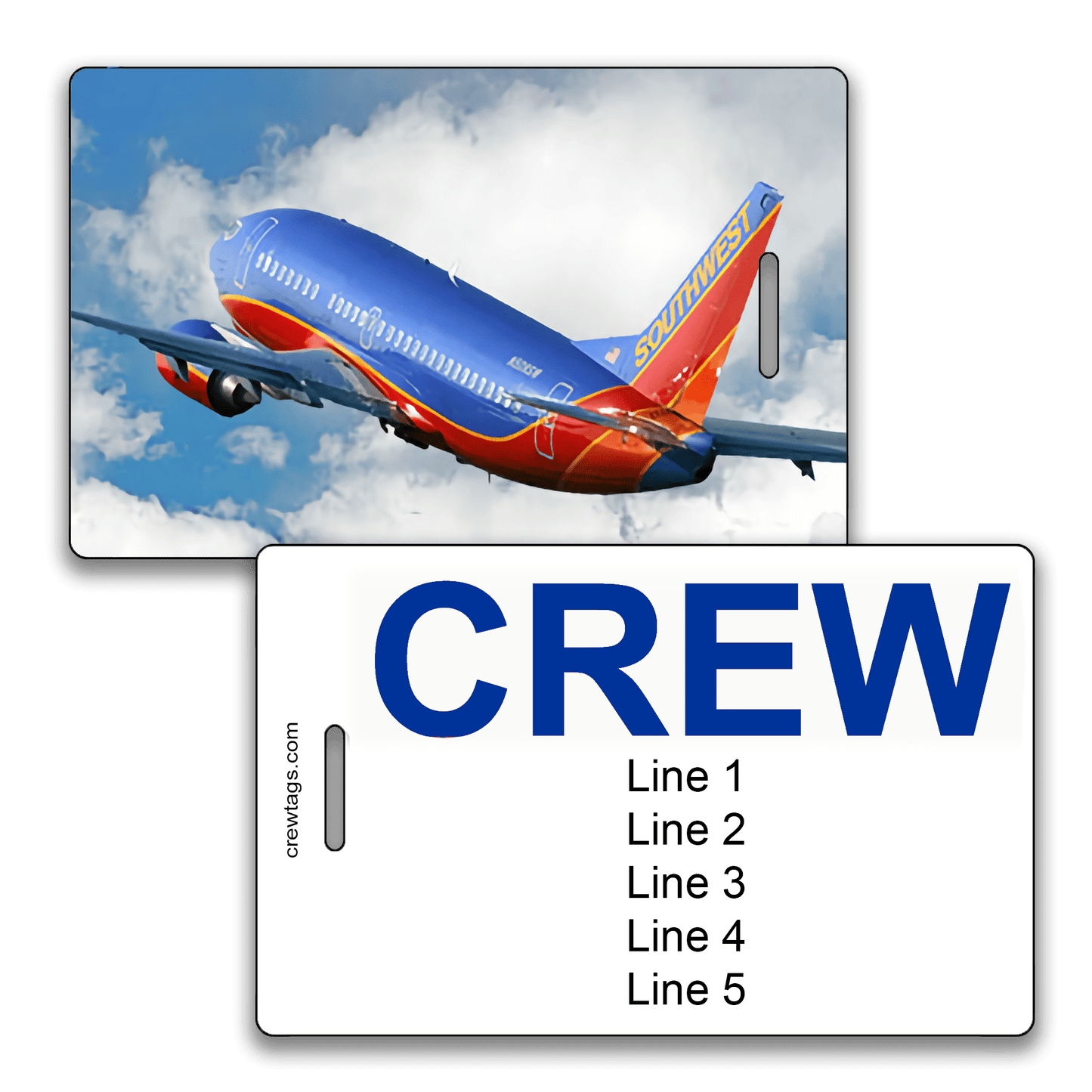 Custom crew tag showing rear view of a Southwest 737 climbing through clouds, with bold blue "CREW" label and five editable lines.