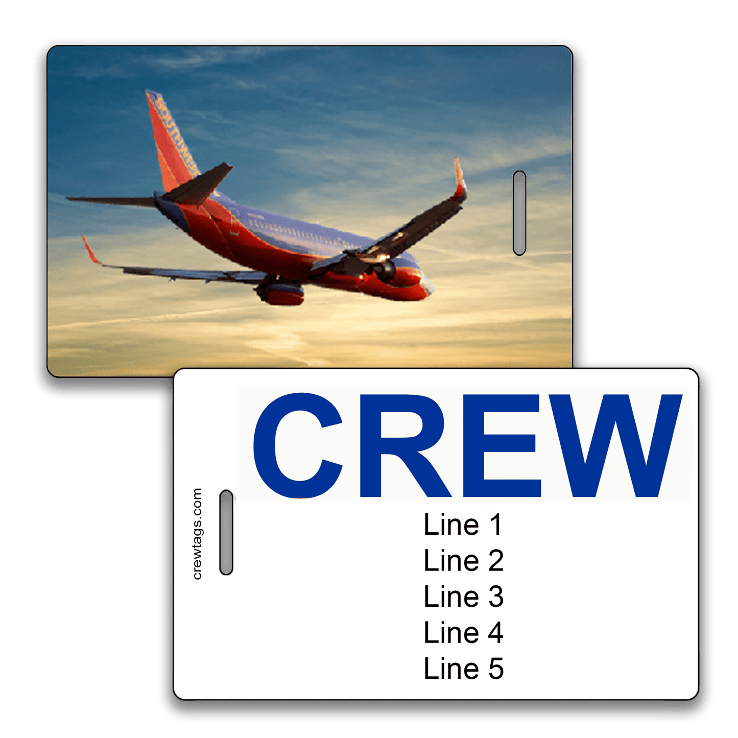 Custom crew tag featuring a Southwest 737 climbing at sunset, with bold blue “CREW” label and five customizable information lines.